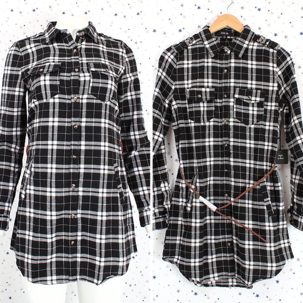 Plaid Button Up Shirt Dress with Belt Black White